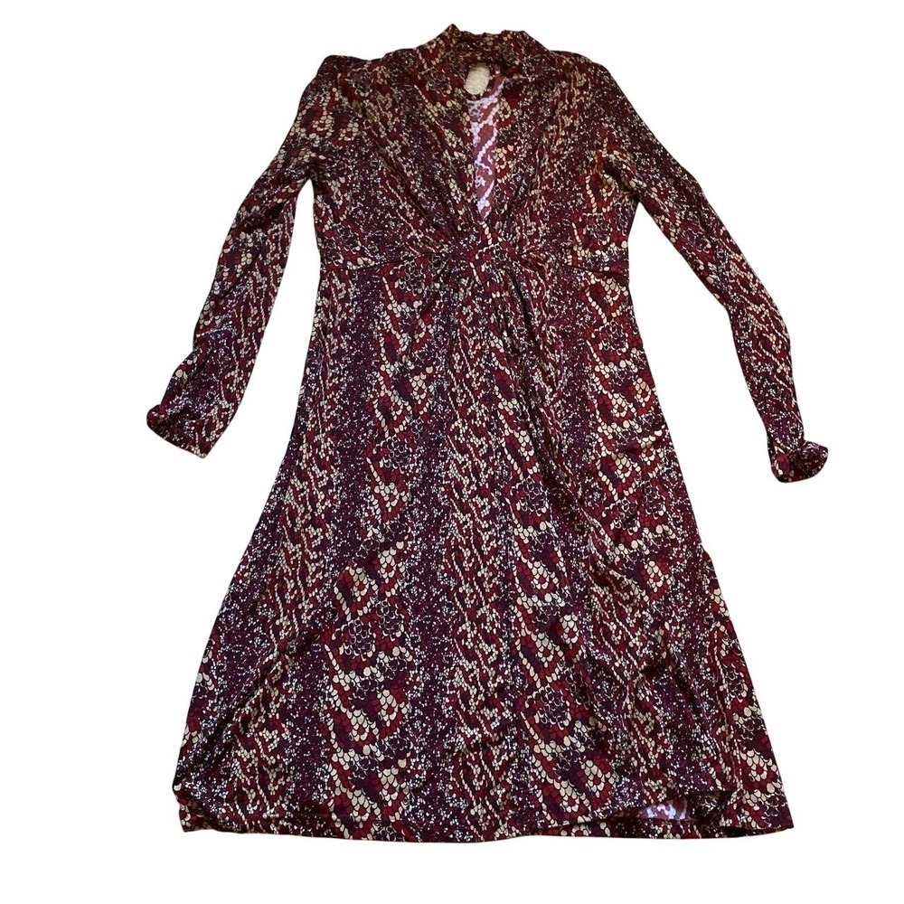 BCBG‎ Burgundy Snakeskin Print V-Neck Long Sleeve Midi Dress Womens Large L